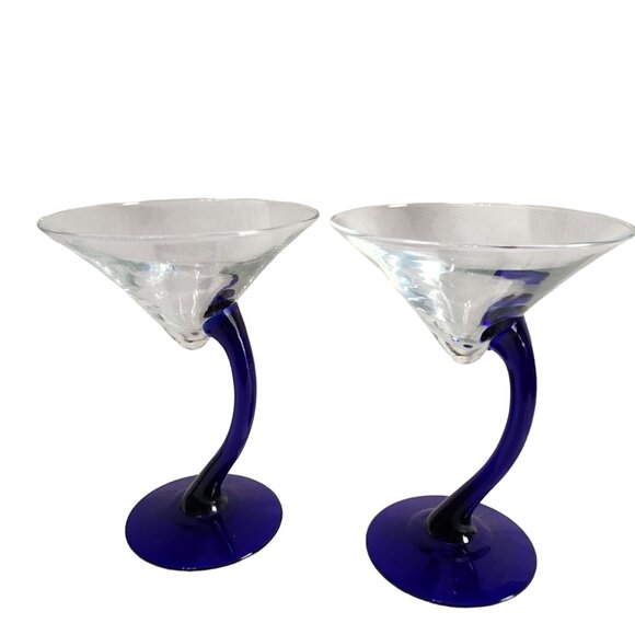 Set Of 2 Hand-Blown Blue Stem Martini Glasses - Picture 7 of 8